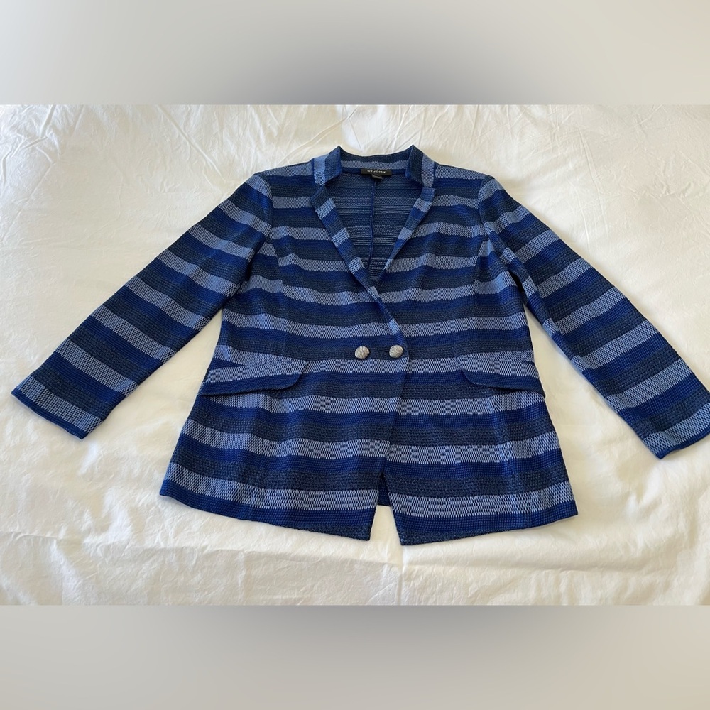 ST. JOHN | Women’s SZ 14 | Blue Striped Knit Button Front Jacket Cardigan Wool